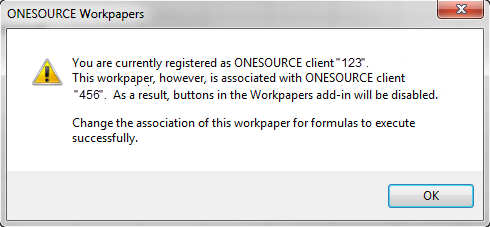 Screen capture showing the failure message if you try to save a workpaper that is associated with a different client.